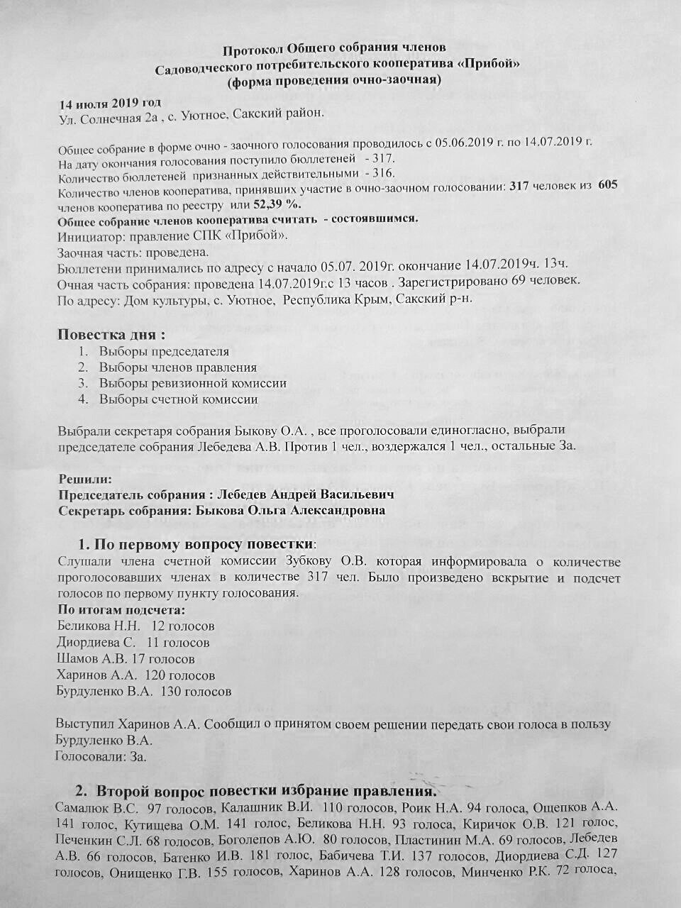 Протокол Обшего собрания членов Садоводческого потребительского кооператива  «Прибой» (форма проведения очно-заочная) от 14 июля 2019 г. СПК Прибой